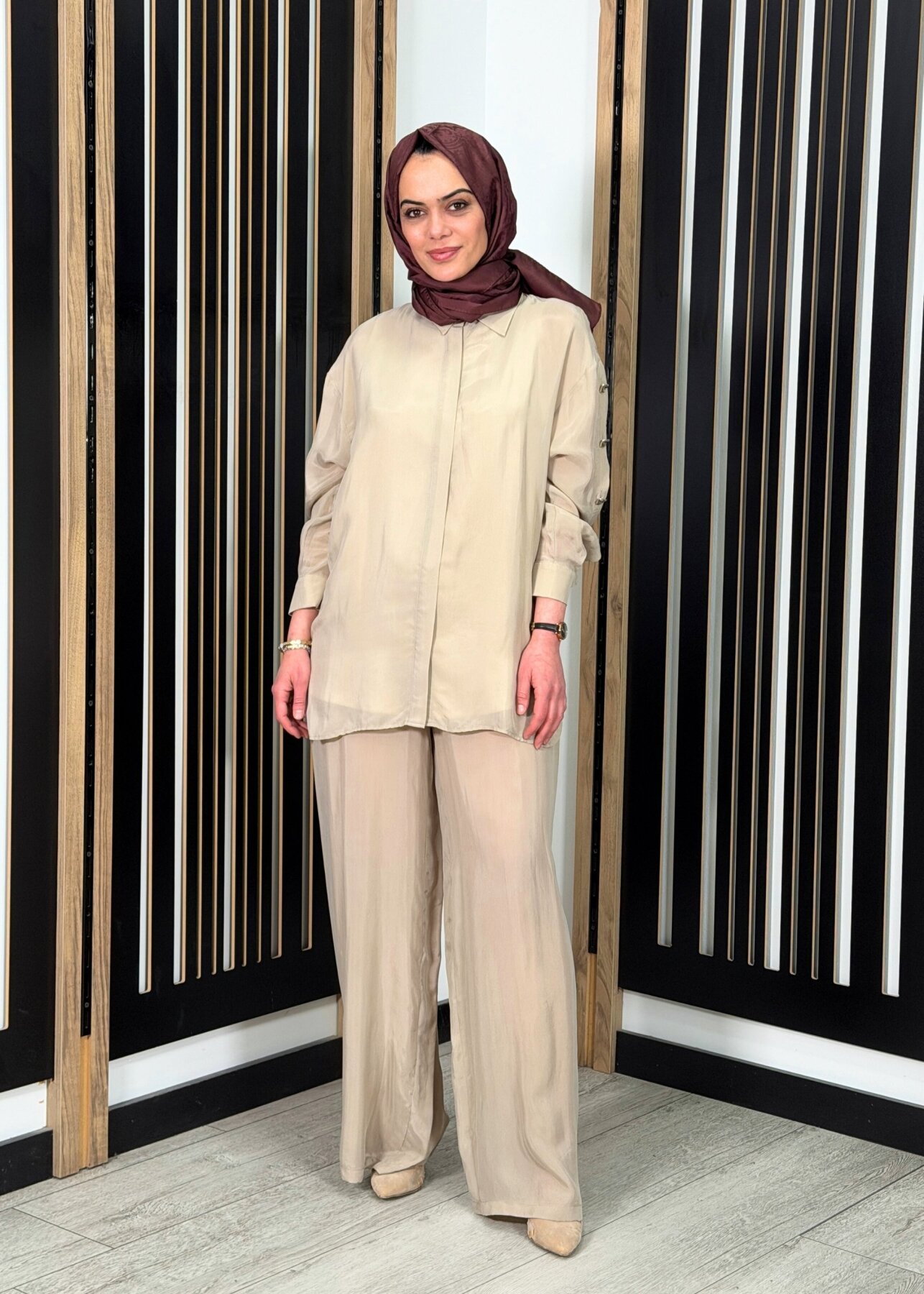 Clande Düz Bol Paça Pantolon BEJ - 2