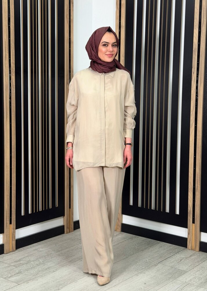 Clande Düz Bol Paça Pantolon BEJ - 3