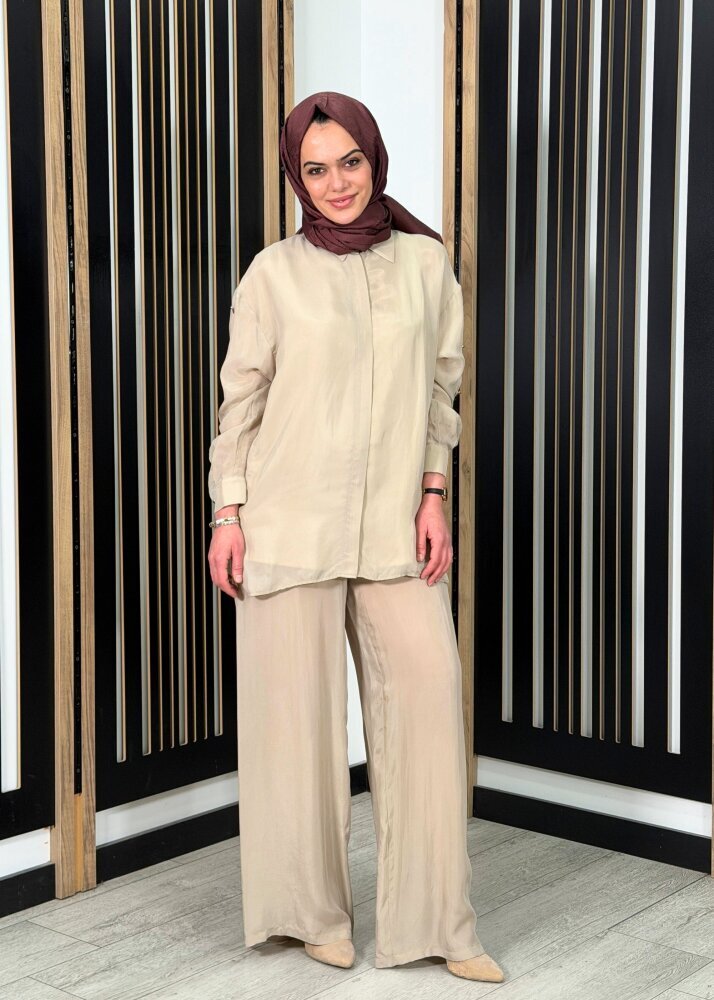 Clande Düz Bol Paça Pantolon BEJ 