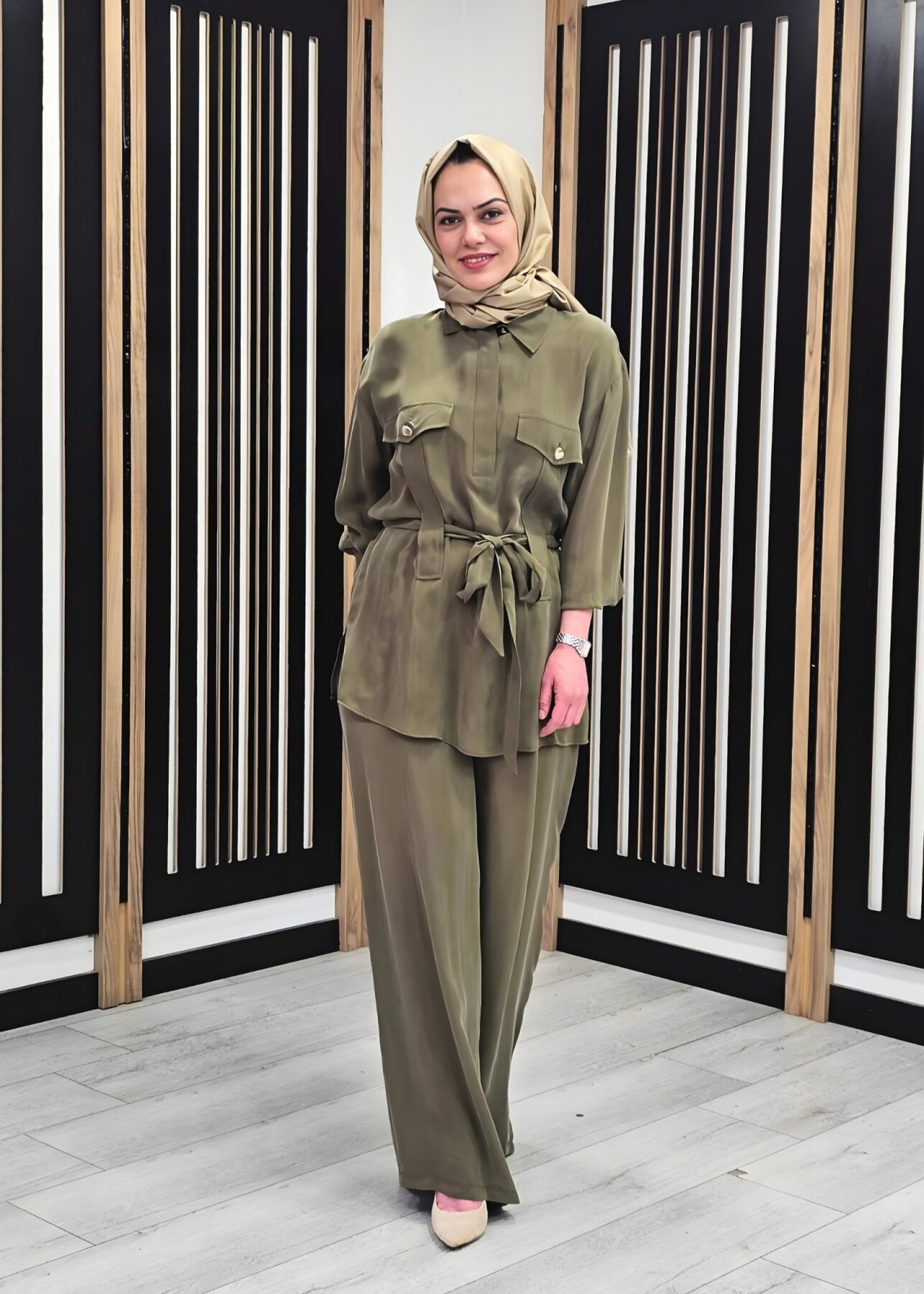 Clande Düz Bol Paça Pantolon HAKİ - 1