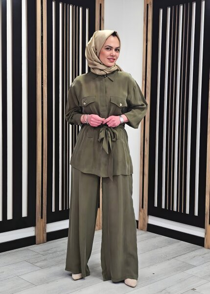 Clande Düz Bol Paça Pantolon HAKİ (1)