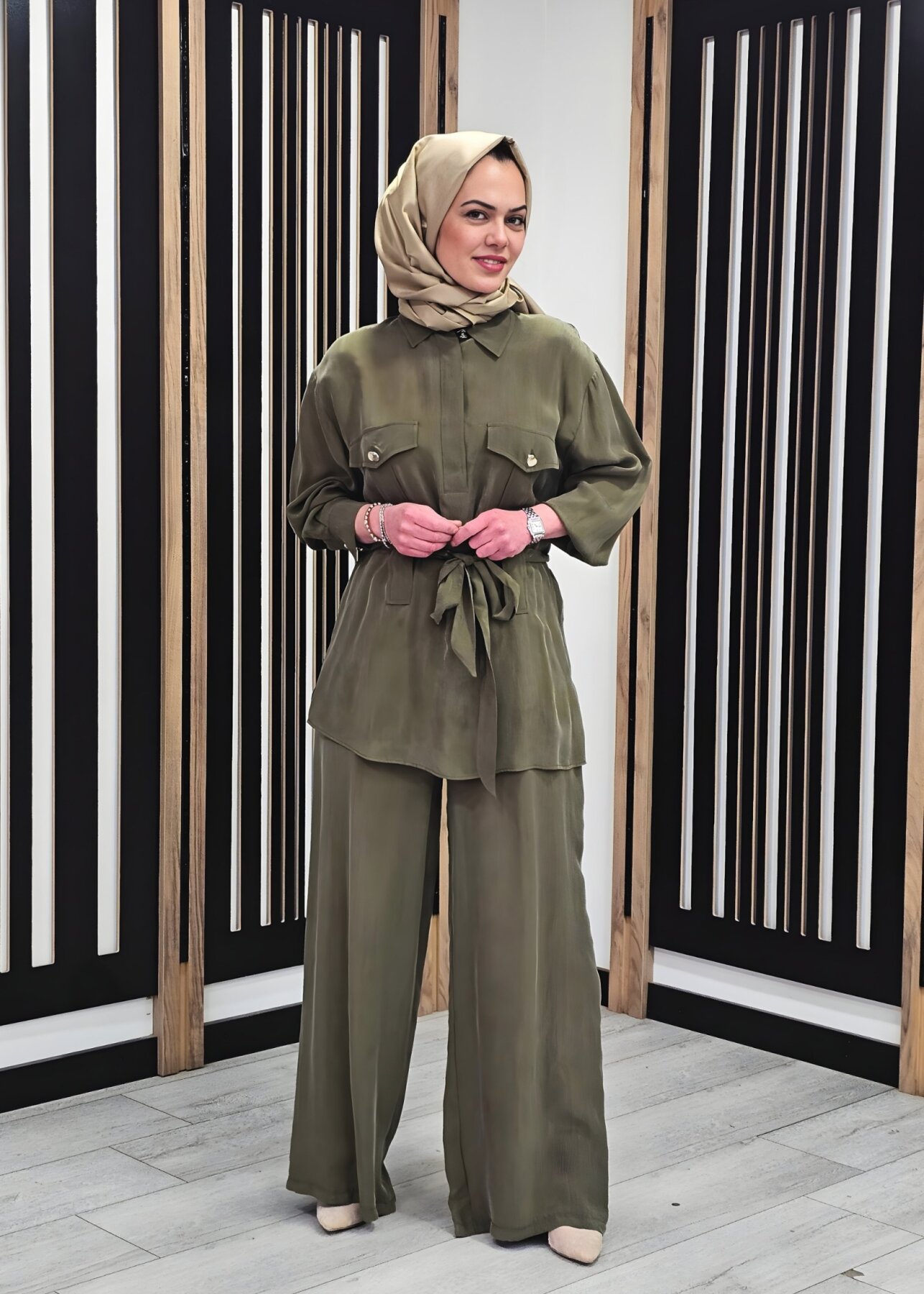 Clande Düz Bol Paça Pantolon HAKİ - 2