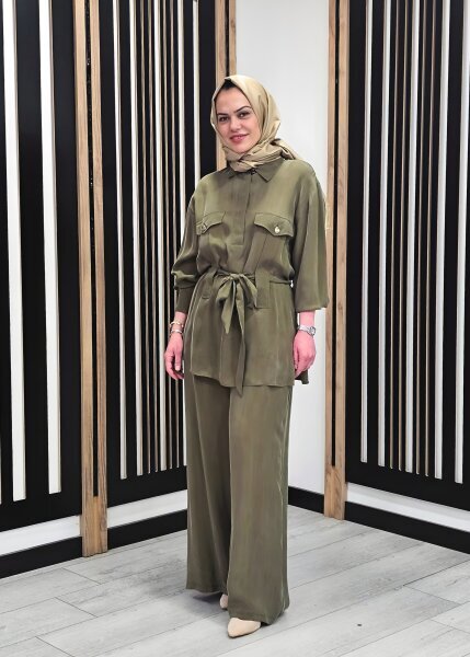 Clande Düz Bol Paça Pantolon HAKİ - 3