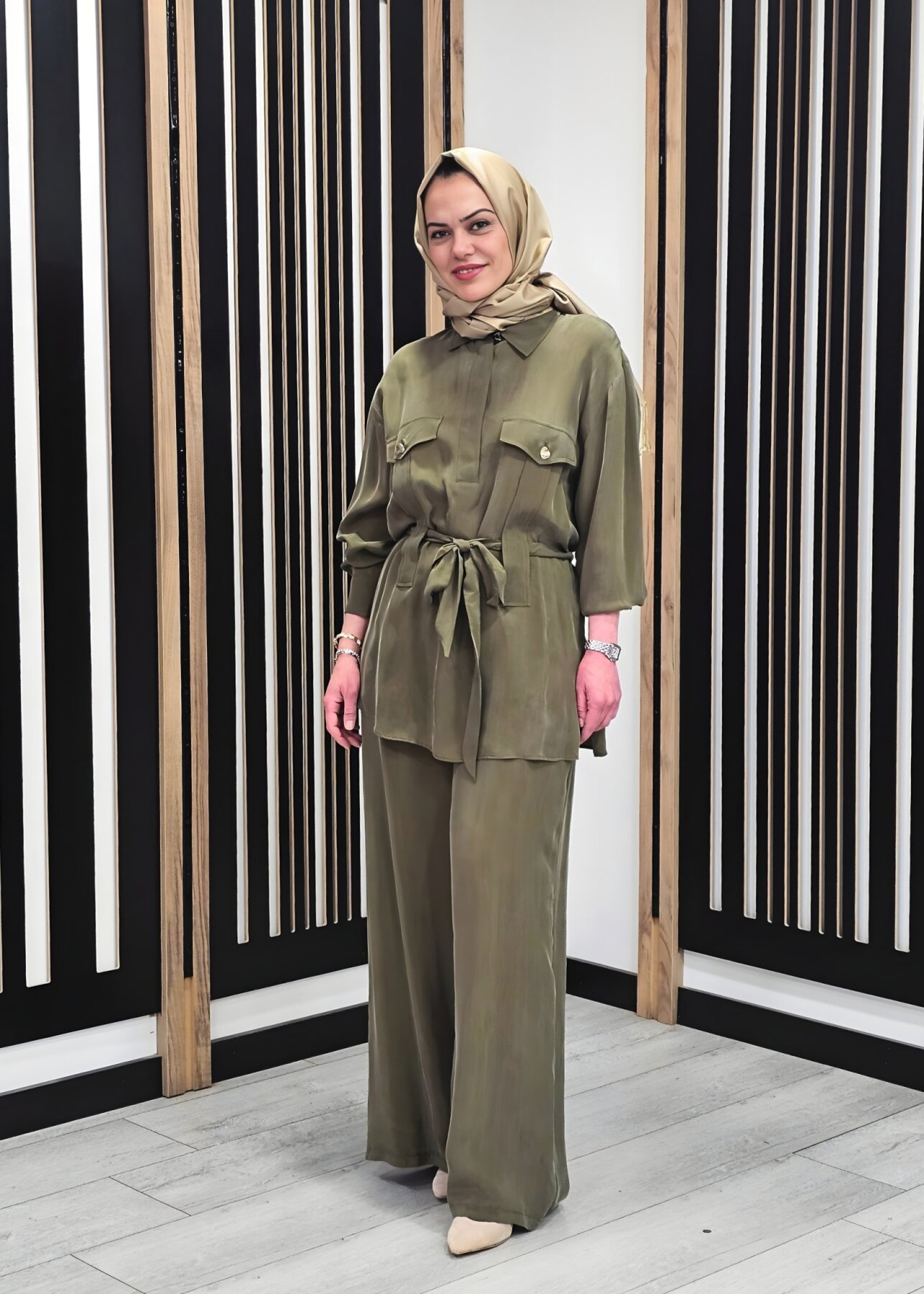 Clande Düz Bol Paça Pantolon HAKİ - 3