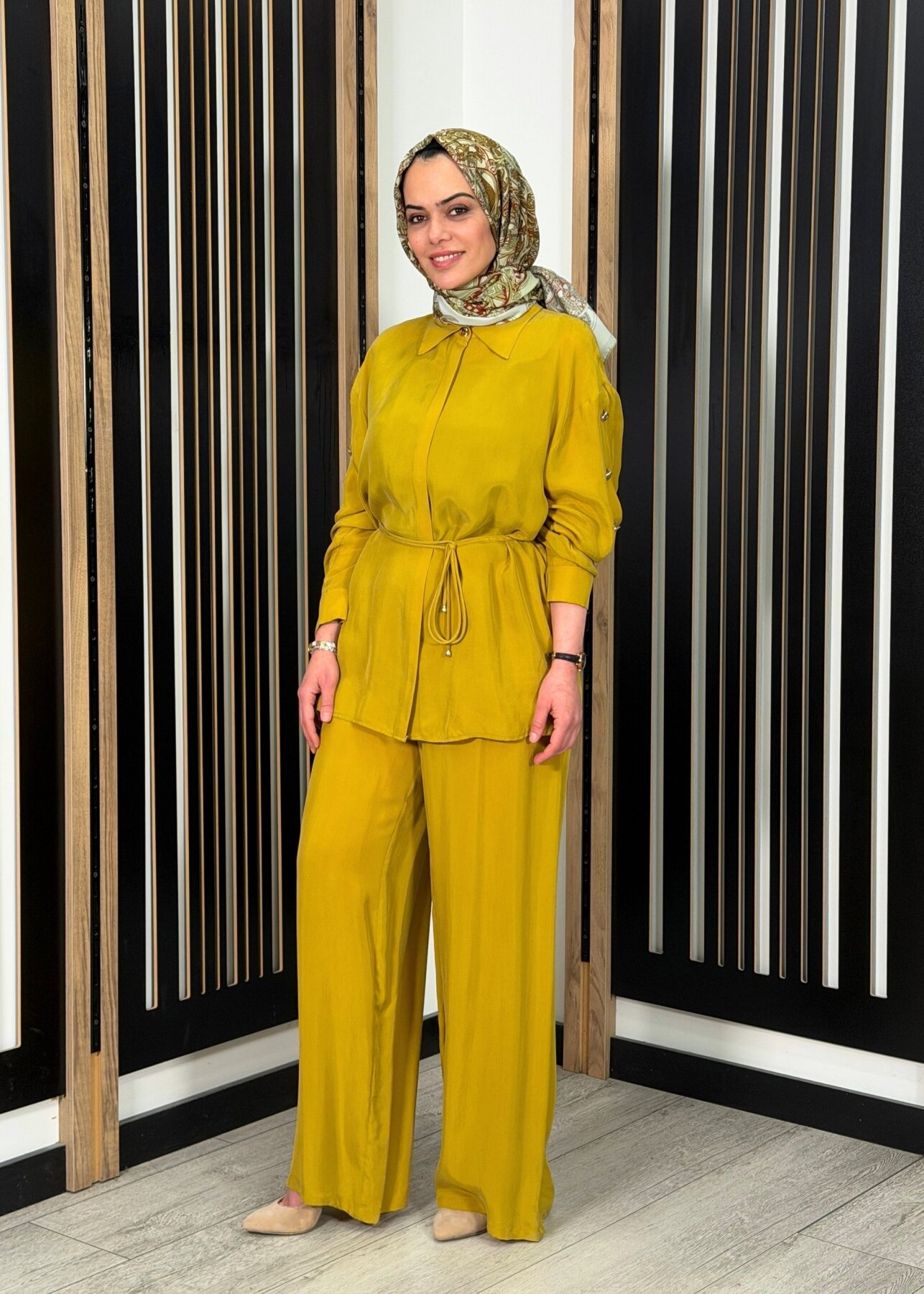 Clande Düz Bol Paça Pantolon YAĞ YEŞİLİ - 2