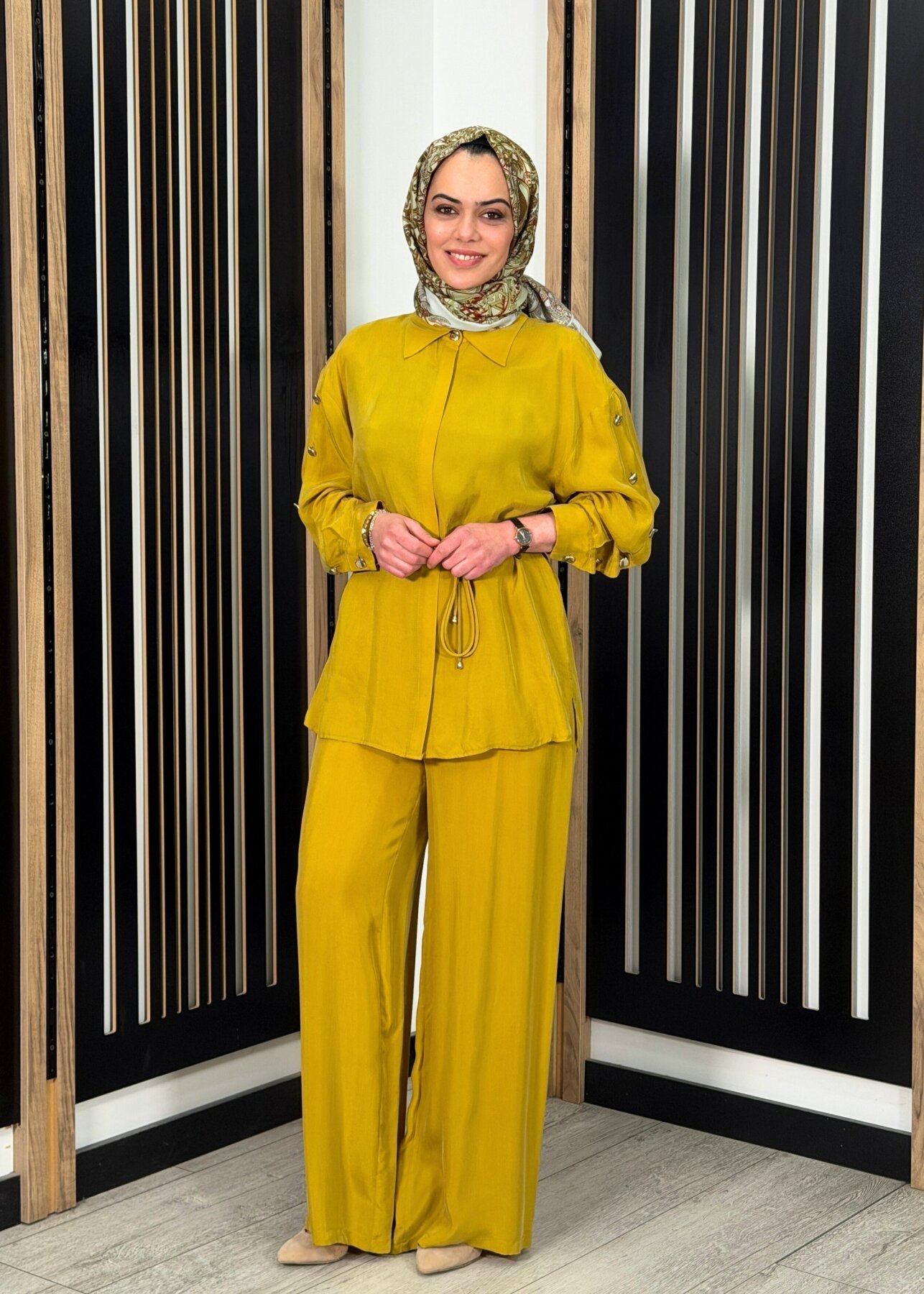 Clande Düz Bol Paça Pantolon YAĞ YEŞİLİ - 3