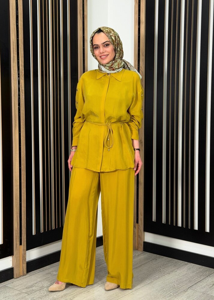 Clande Düz Bol Paça Pantolon YAĞ YEŞİLİ