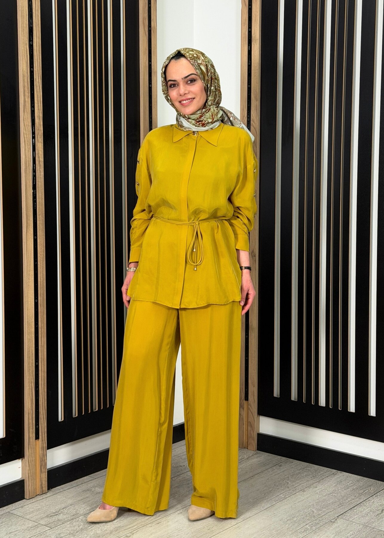 Clande Düz Bol Paça Pantolon YAĞ YEŞİLİ - 1