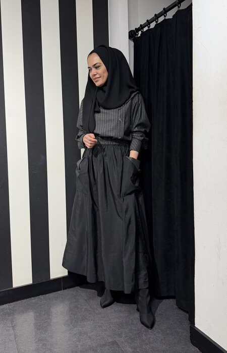 Clande Eteği Paraşüt Elbise SİYAH - 1