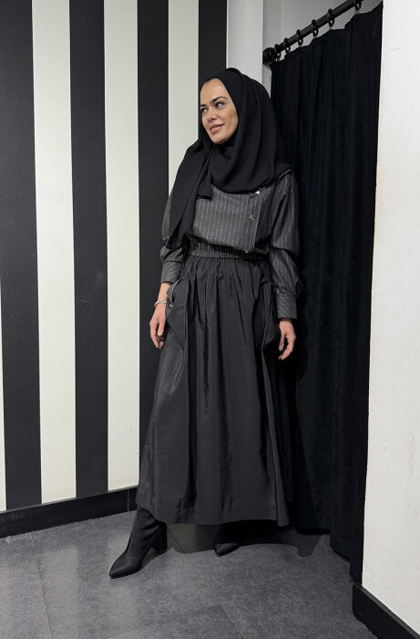 Clande Eteği Paraşüt Elbise SİYAH - 4