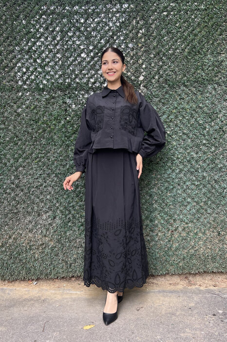 Clande Etek Ucu Dantel Detaylı Etek SİYAH - 2