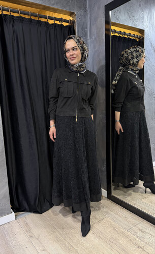 Clande Fermuarlı Kadife Ceket SİYAH - 3