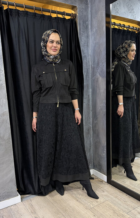 Clande Fermuarlı Kadife Ceket SİYAH - 4