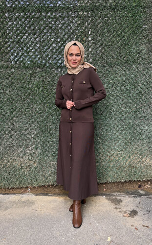 Clande Gold Düğmeli Etek KAHVE