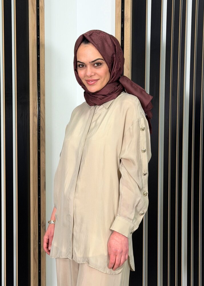 Clande Kolları Düğme Detaylı Kemerli Gömlek BEJ - 3