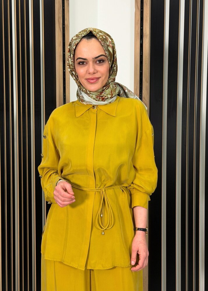 Clande Kolları Düğme Detaylı Kemerli Gömlek YAĞ YEŞİLİ