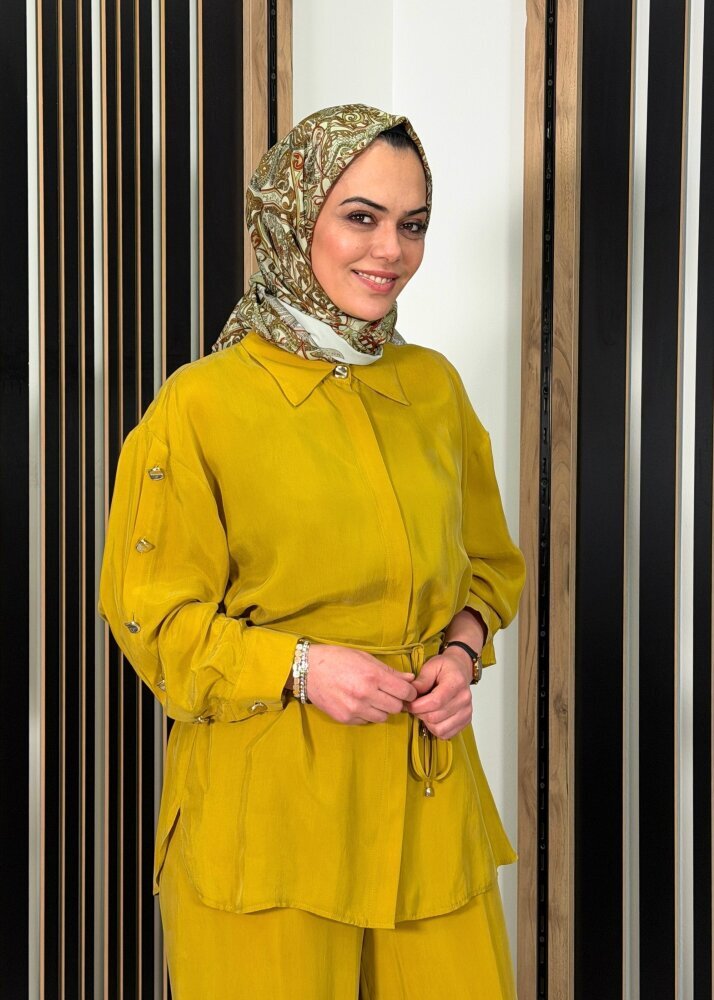 Clande Kolları Düğme Detaylı Kemerli Gömlek YAĞ YEŞİLİ - 2