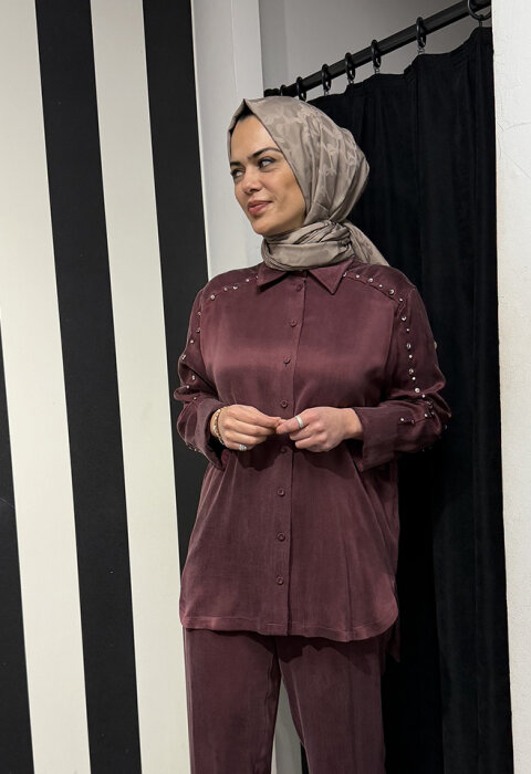 Clande Kolu Taşlı Cupra Bluz BORDO - 1