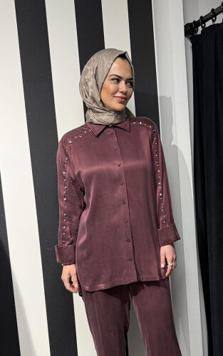 Clande Kolu Taşlı Cupra Bluz BORDO - 2
