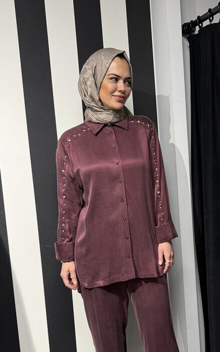 Clande Kolu Taşlı Cupra Bluz BORDO - 2
