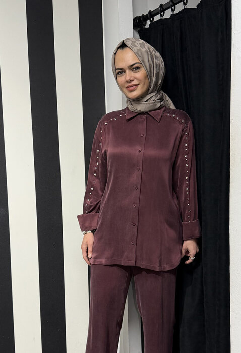 Clande Kolu Taşlı Cupra Bluz BORDO - 3