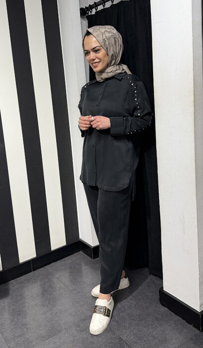 Clande Kolu Taşlı Cupra Bluz SİYAH - 2