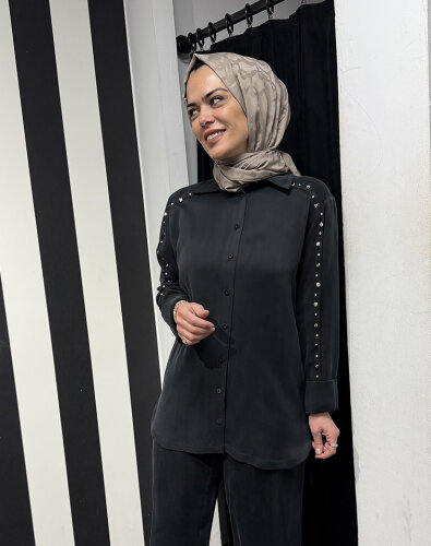 Clande Kolu Taşlı Cupra Bluz SİYAH