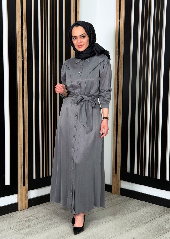 Clande Omuzu Parça Detaylı Kuşaklı Elbise ANTRASİT