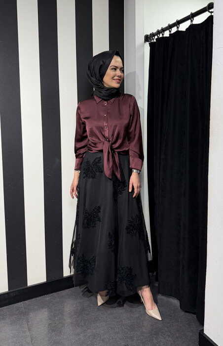 Clande Önden Bağlama Bluz BORDO - 8