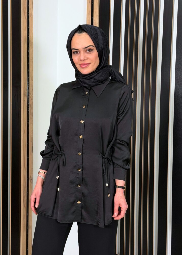 Clande Önden Bağlama Detaylı Gömlek SİYAH