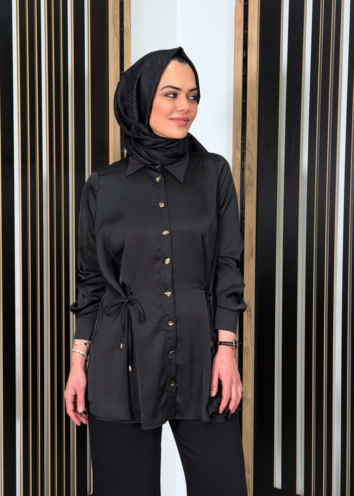Clande Önden Bağlama Detaylı Gömlek SİYAH - 2