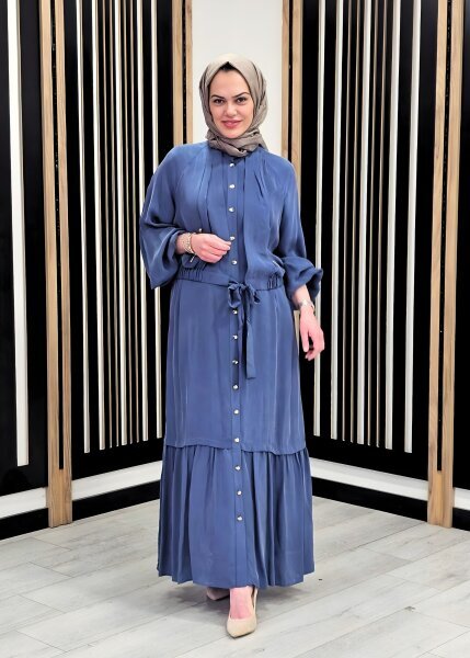 Clande Önden Düğmeli ve Kapaklı Elbise İNDİGO