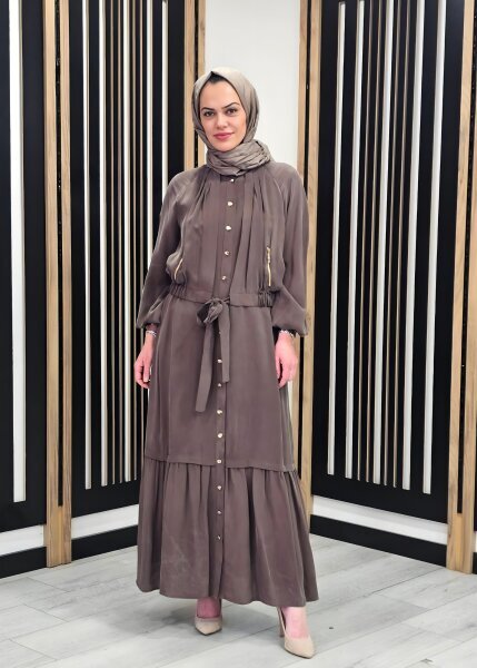 Clande Önden Düğmeli ve Kapaklı Elbise KAHVE