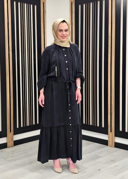 Clande Önden Düğmeli ve Kapaklı Elbise SİYAH