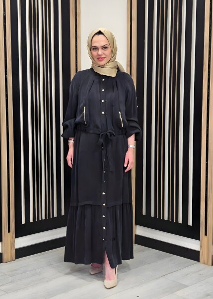 Clande Önden Düğmeli ve Kapaklı Elbise SİYAH - 2