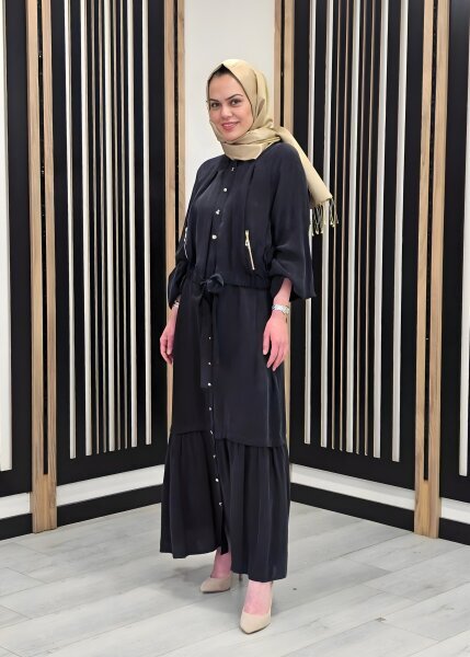 Clande Önden Düğmeli ve Kapaklı Elbise SİYAH - 3