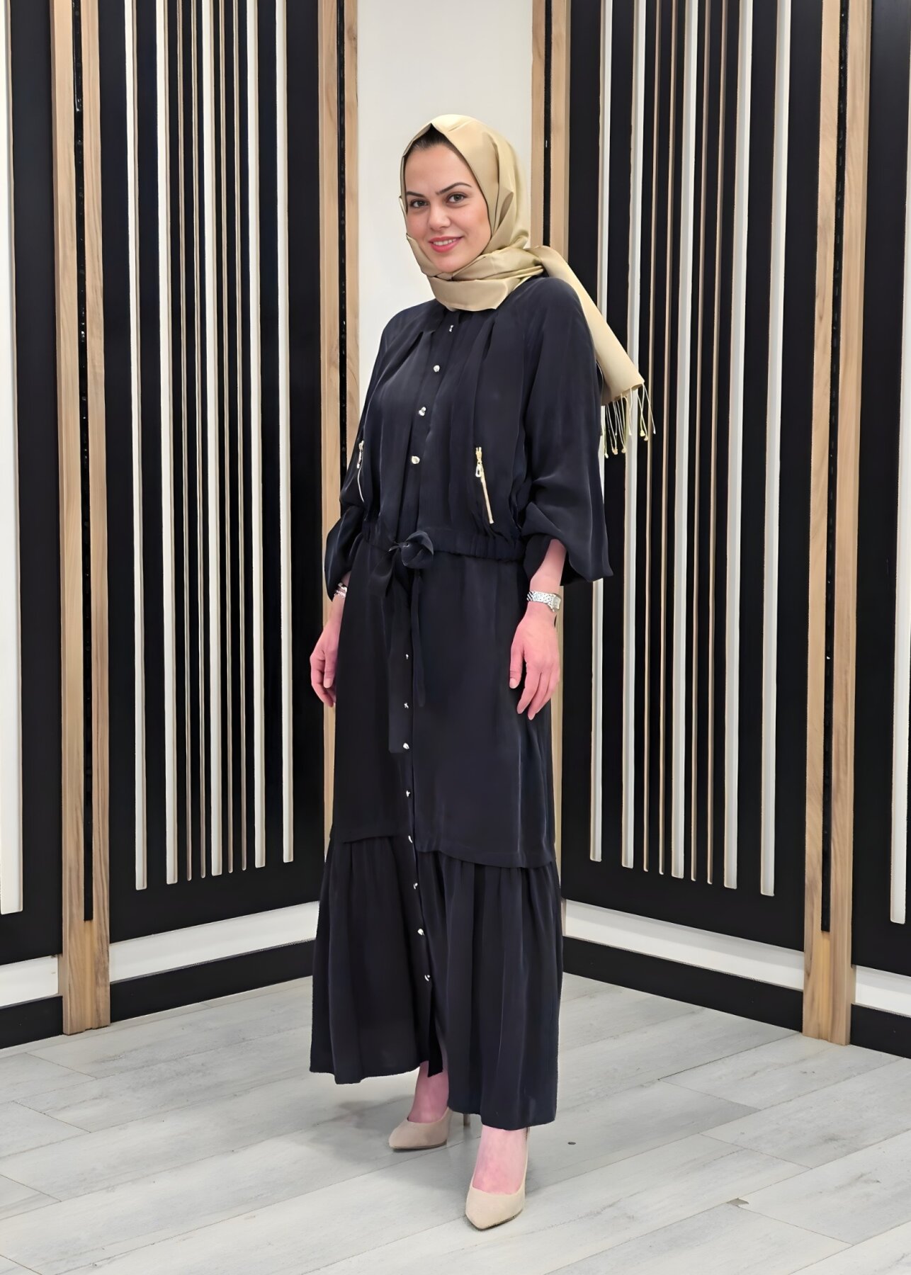 Clande Önden Düğmeli ve Kapaklı Elbise SİYAH - 3