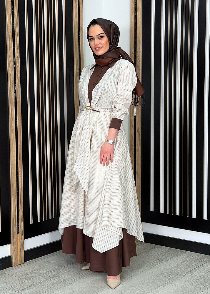 Clande Önü Bağlamalı Çizgili Elbise BEJ