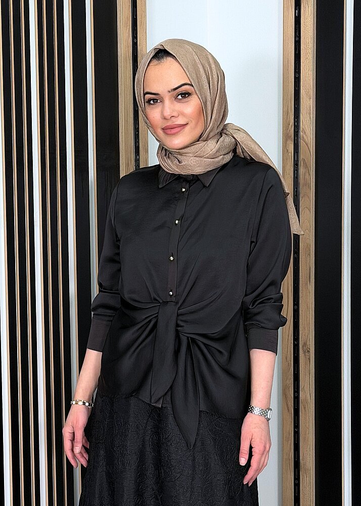 Clande Önü Bağlamalı Saten Gömlek SİYAH