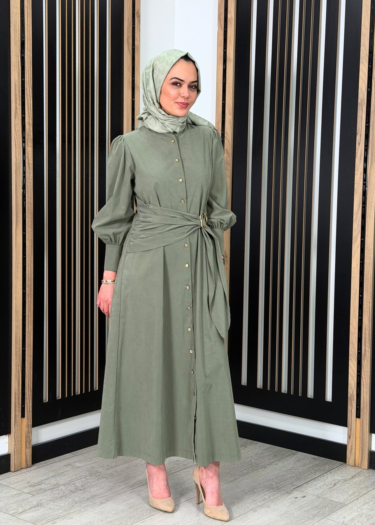 Clande Önü Düğmeli Beli Tokalı Elbise HAKİ - 1