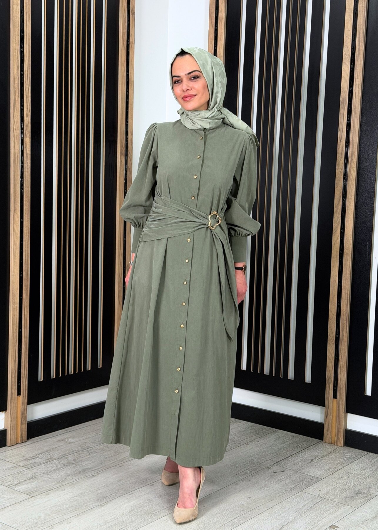 Clande Önü Düğmeli Beli Tokalı Elbise HAKİ - 3