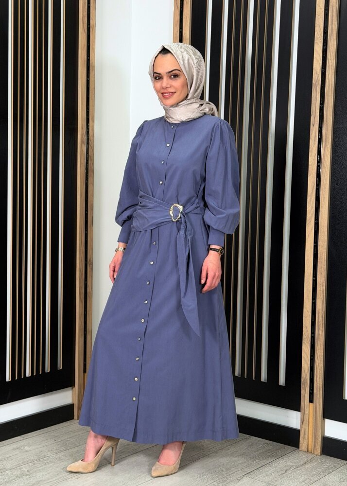 Clande Önü Düğmeli Beli Tokalı Elbise İNDİGO - 2