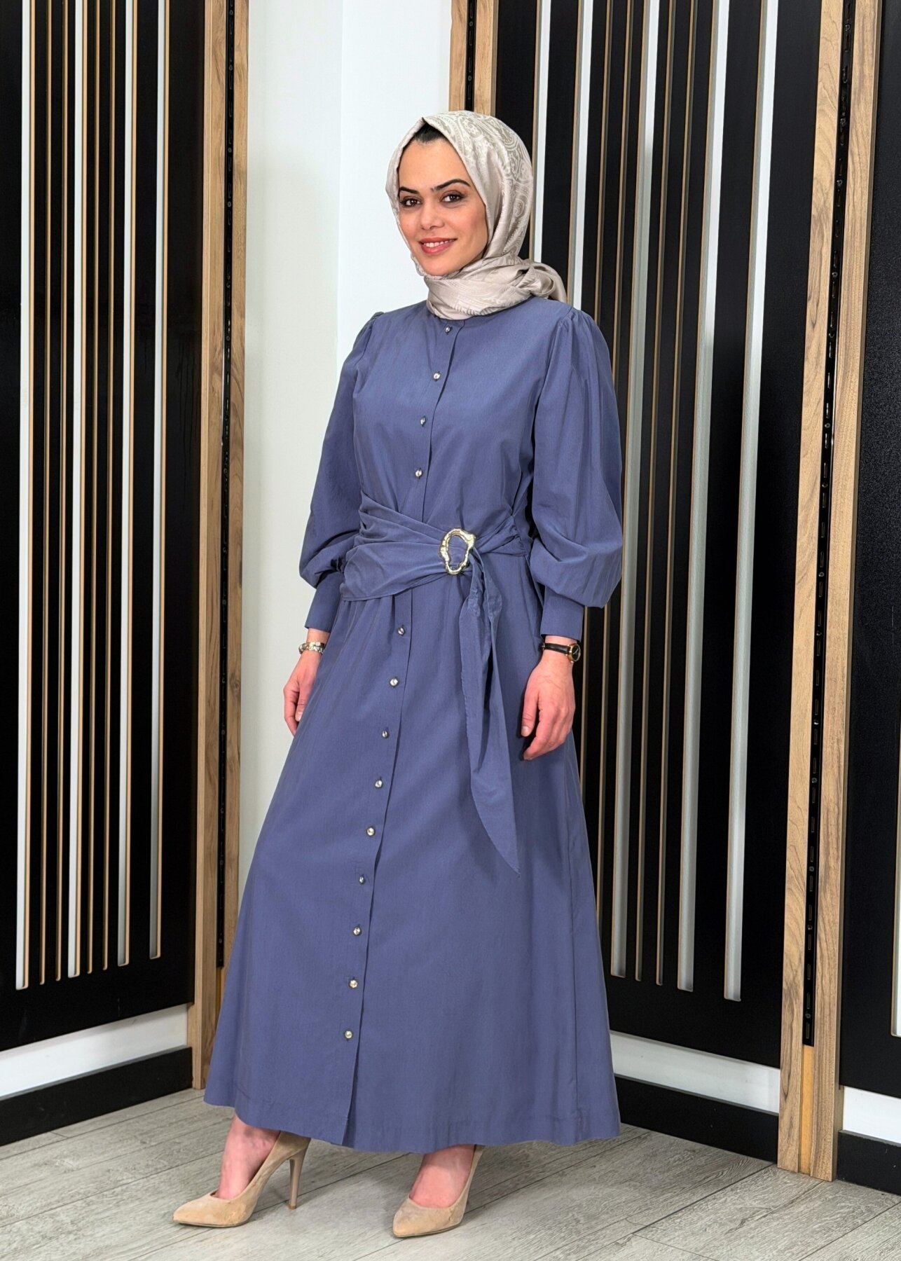 Clande Önü Düğmeli Beli Tokalı Elbise İNDİGO - 2