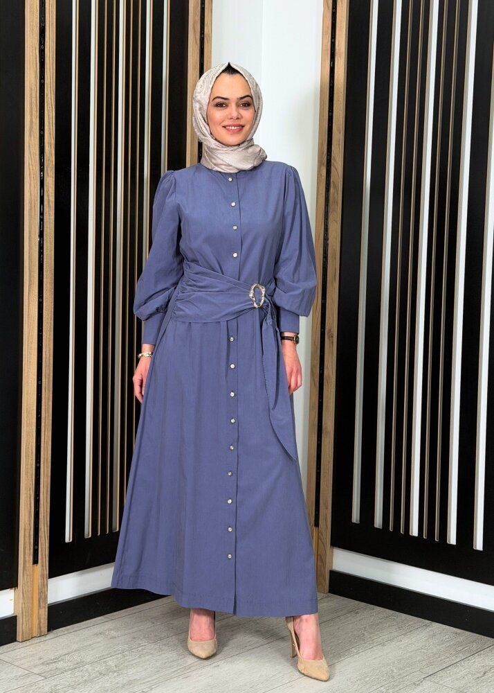 Clande Önü Düğmeli Beli Tokalı Elbise İNDİGO
