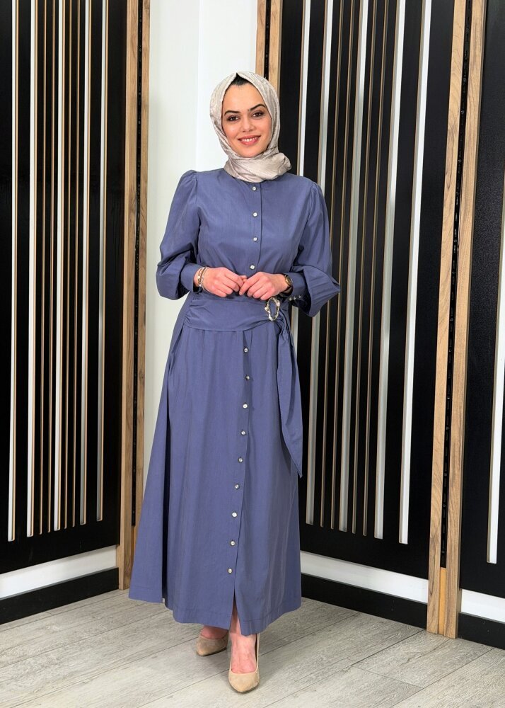 Clande Önü Düğmeli Beli Tokalı Elbise İNDİGO - 3