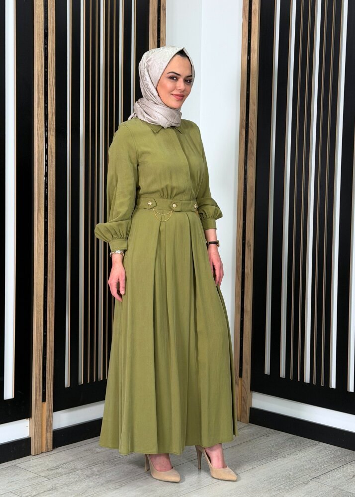 Clande Önü Zincir Detaylı Arkası Lastikli Elbise HAKİ