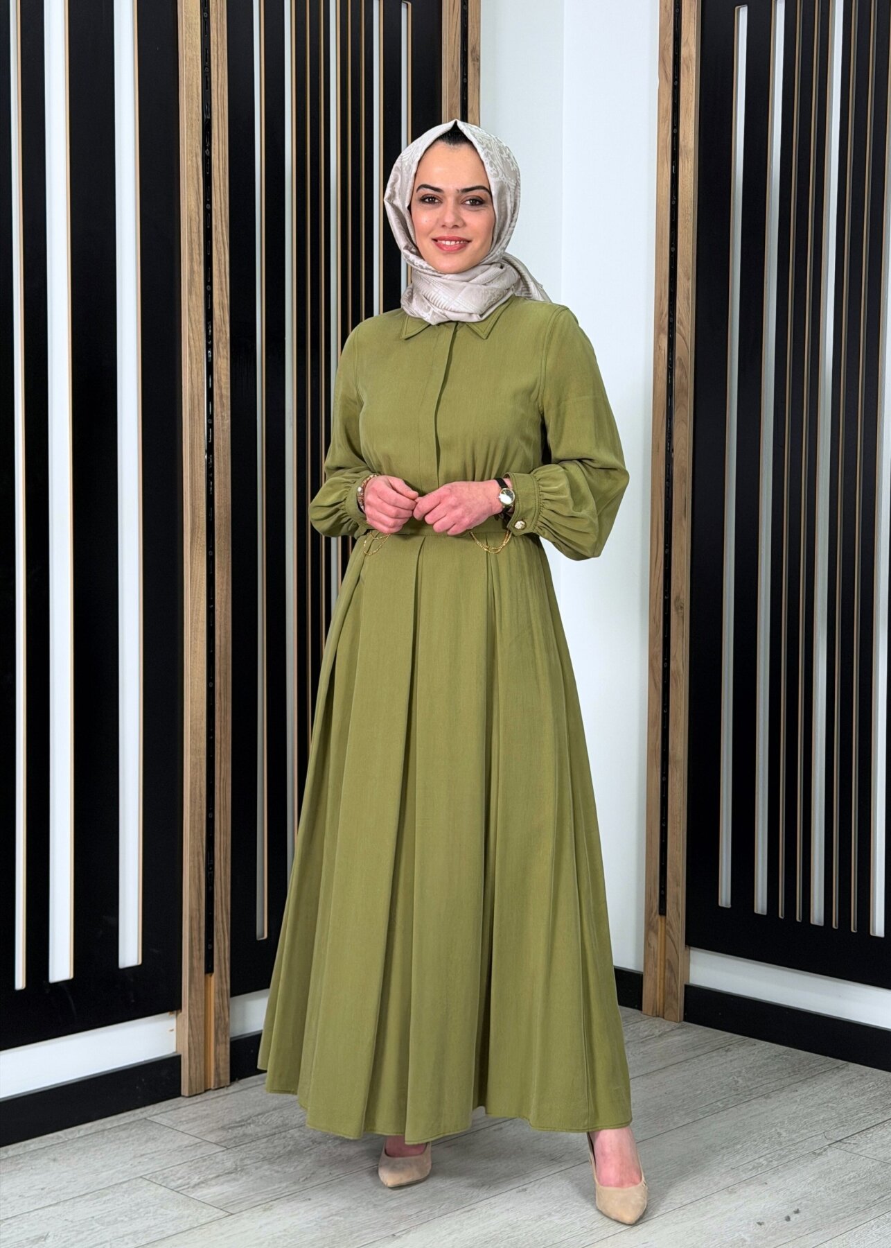 Clande Önü Zincir Detaylı Arkası Lastikli Elbise HAKİ - 2