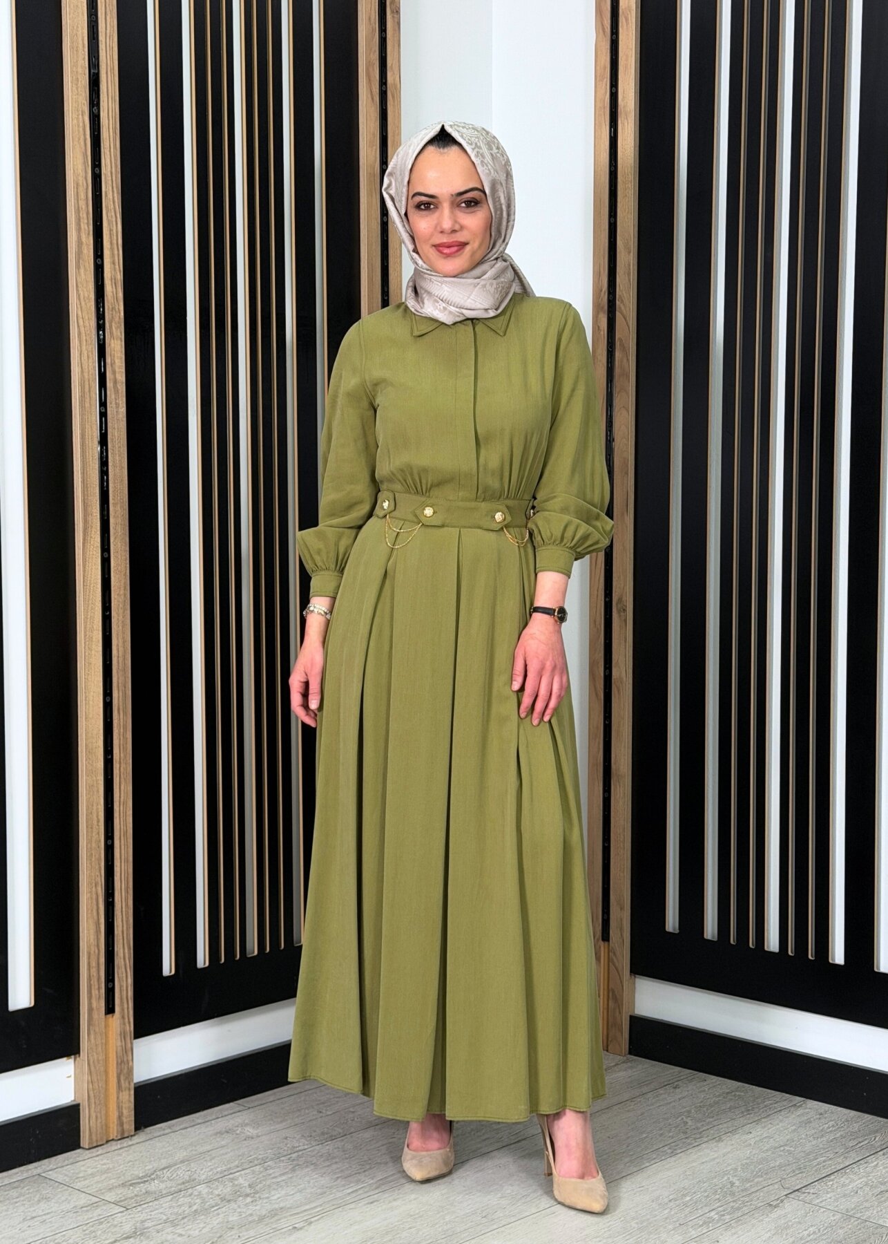 Clande Önü Zincir Detaylı Arkası Lastikli Elbise HAKİ - 3