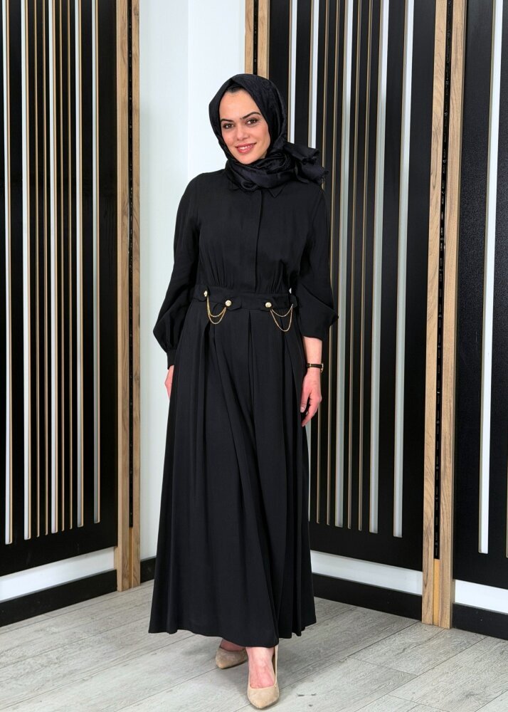 Clande Önü Zincir Detaylı Arkası Lastikli Elbise SİYAH - 2