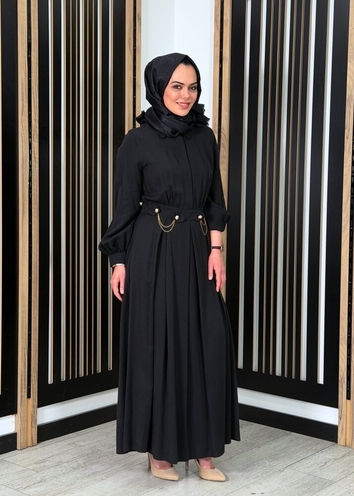 Clande Önü Zincir Detaylı Arkası Lastikli Elbise SİYAH - 3